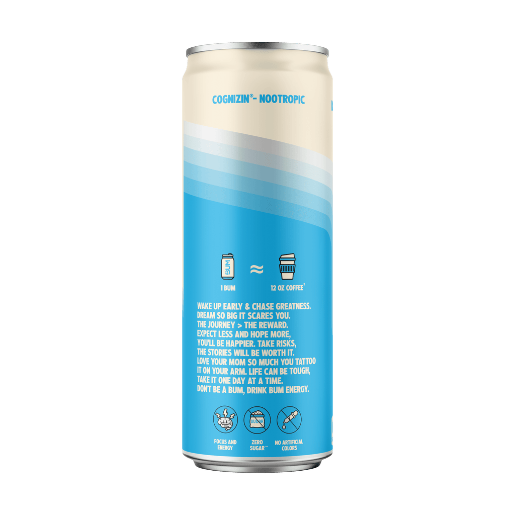 BUM Energy Blue Snow Cone Zero Sugar Energy Drink, 112mg Natural Caffeine, Crash Free Focus, 12 fl oz Cans, 12 Pack