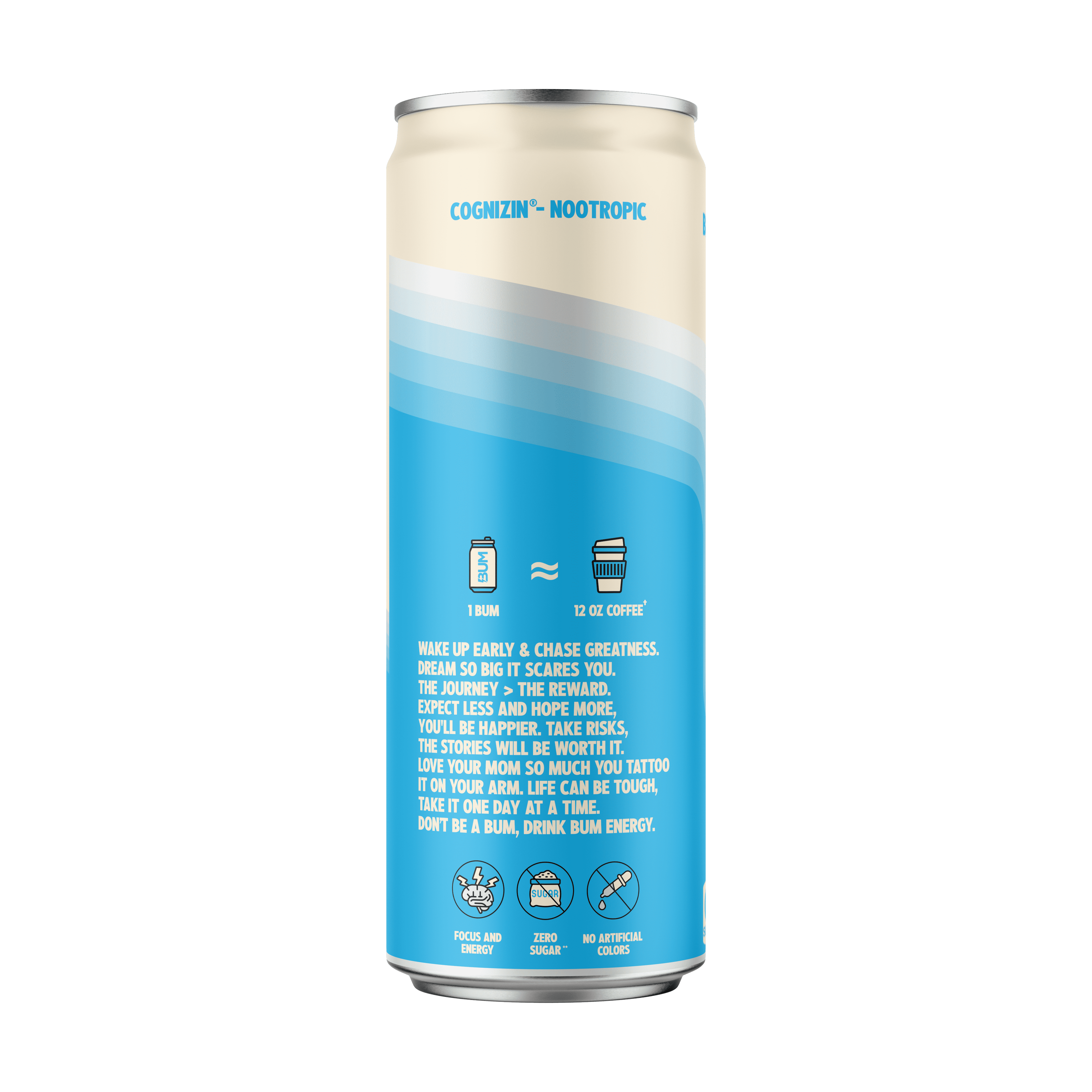 BUM Energy Blue Snow Cone Zero Sugar Energy Drink, 112mg Natural Caffeine, Crash Free Focus, 12 fl oz Cans, 12 Pack