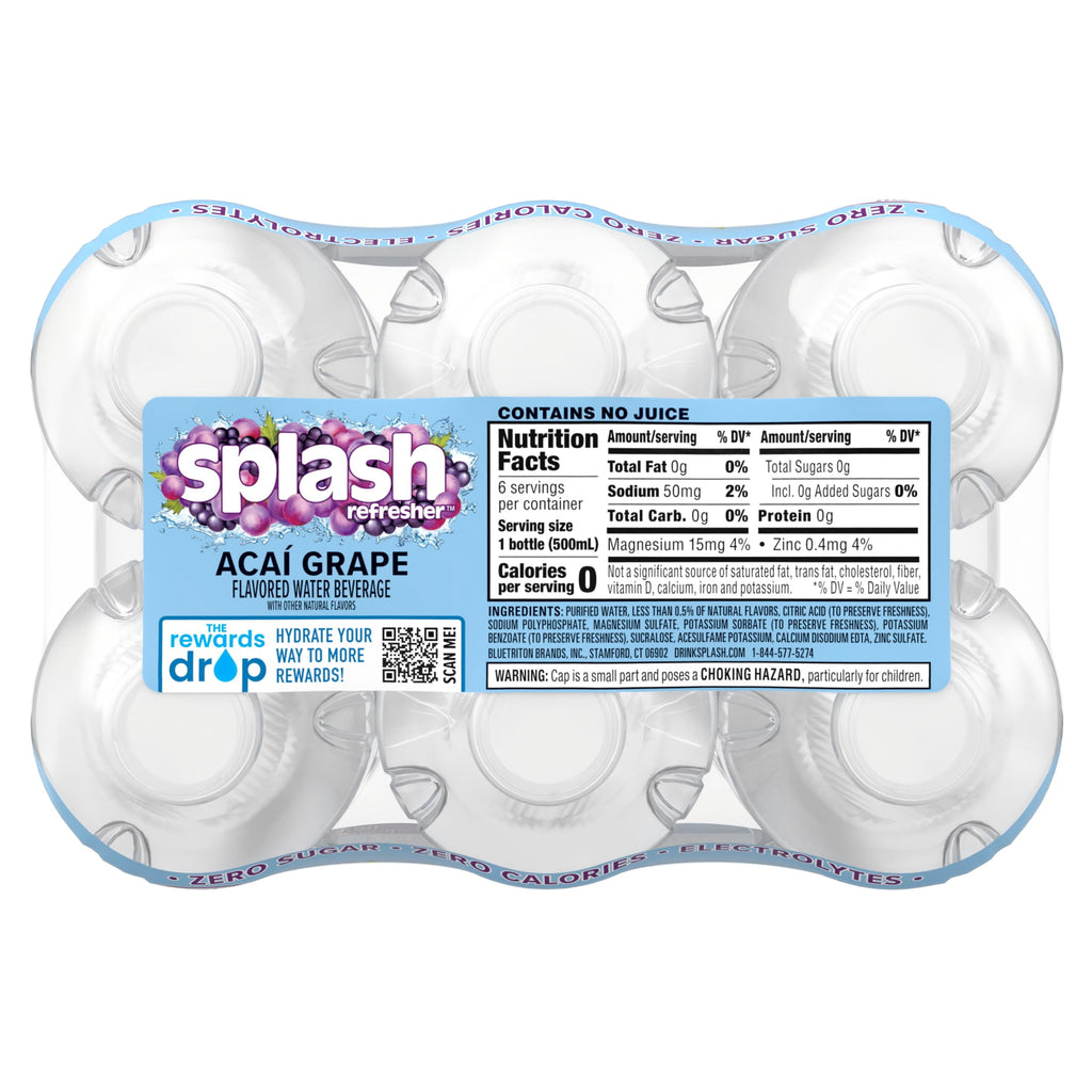 Splash Blast Acai Grape Flavored Water, 16.9 fl oz, 6-pack Plastic Bottles
