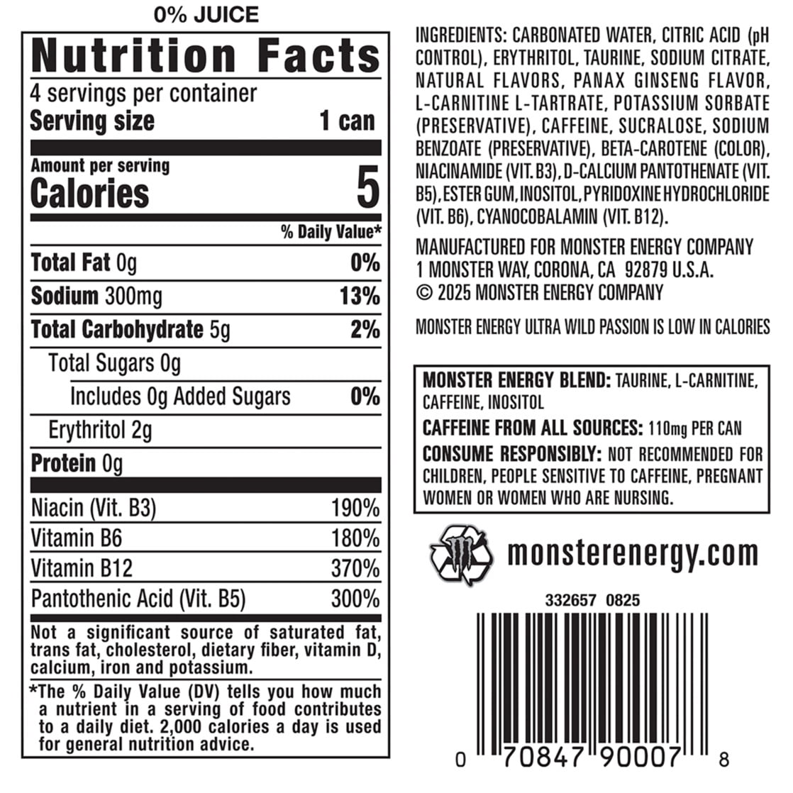 Monster Energy, Ultra Wild Passion, Sugar Free Energy Drink, 12 fl oz, 4 Pack