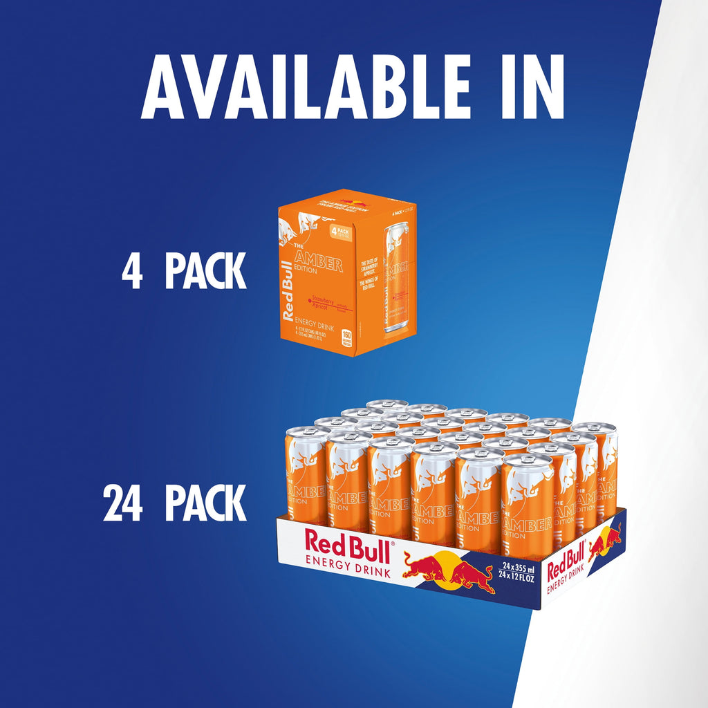 Red Bull Amber Edition Energy Drink, Strawberry Apricot, 114mg Caffeine, 12 fl. oz., Pack of 4 Cans