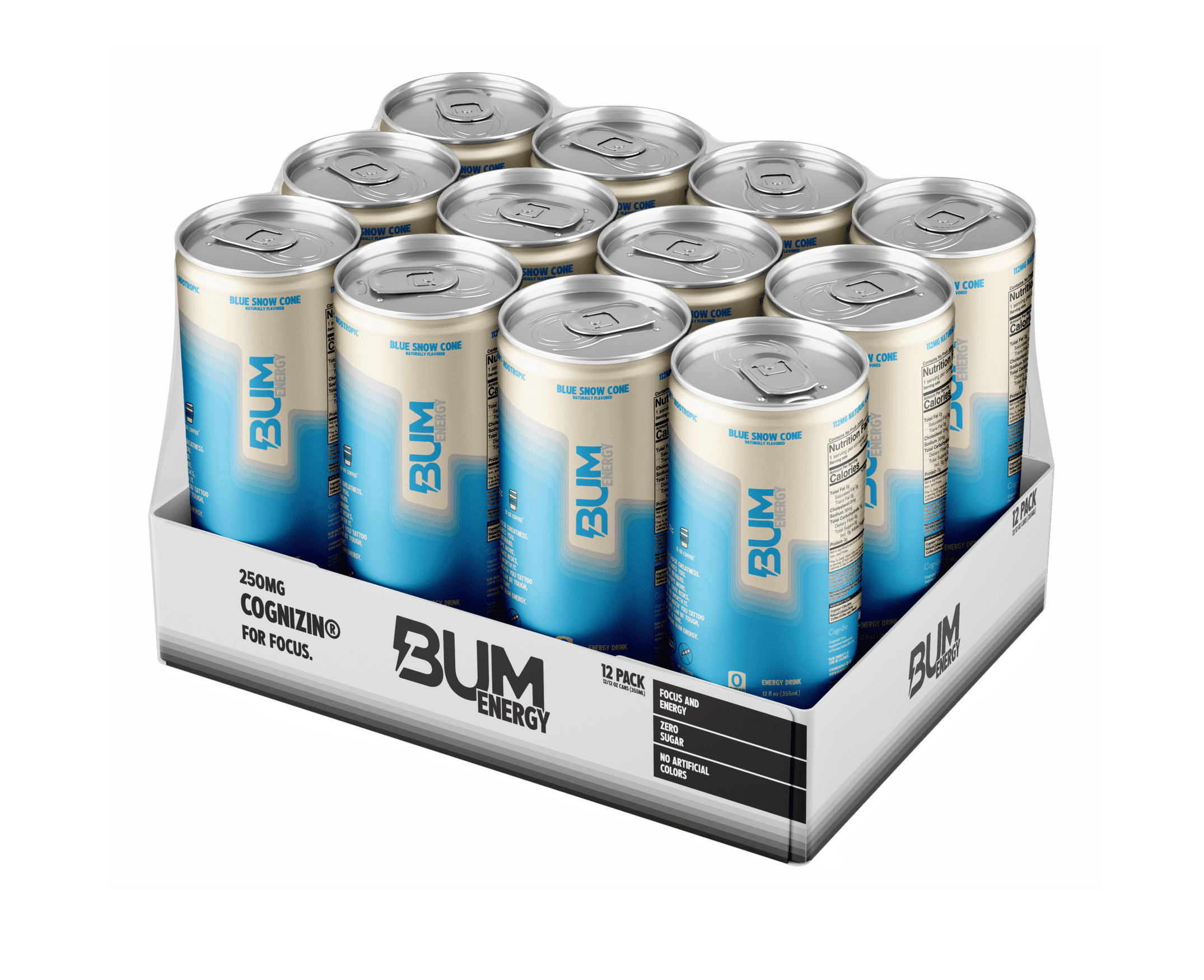 BUM Energy Blue Snow Cone Zero Sugar Energy Drink, 112mg Natural Caffeine, Crash Free Focus, 12 fl oz Cans, 12 Pack