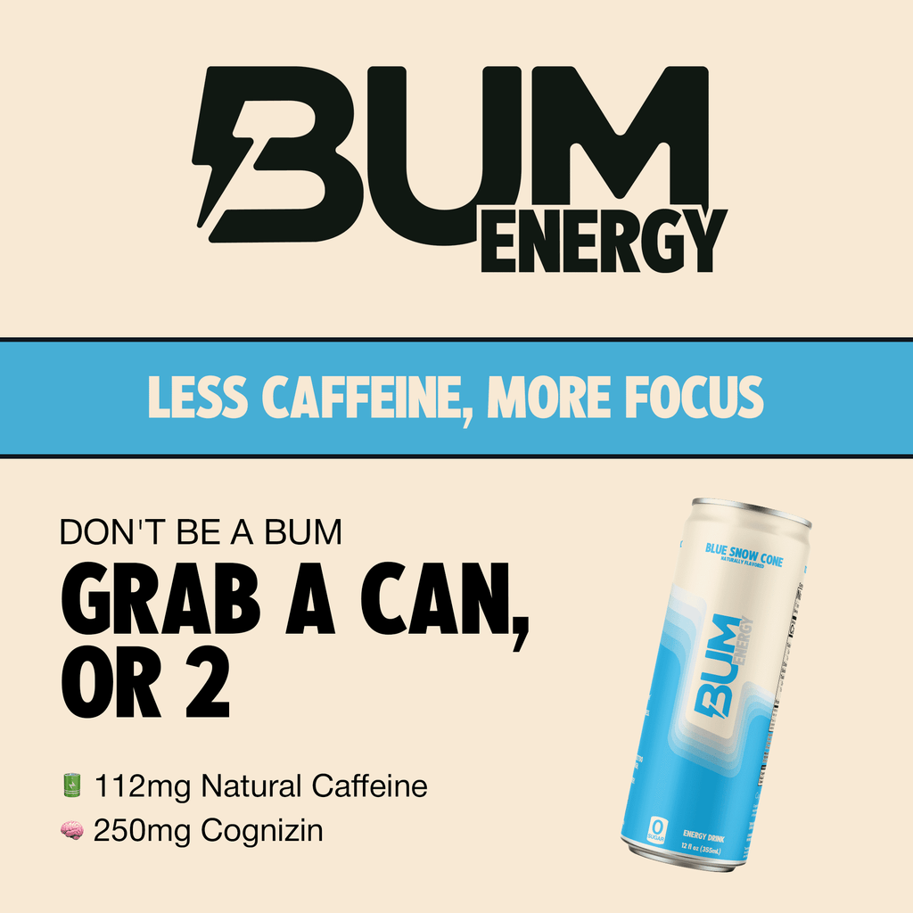 BUM Energy Blue Snow Cone Zero Sugar Energy Drink, 112mg Natural Caffeine, Crash Free Focus, 12 fl oz Cans, 12 Pack