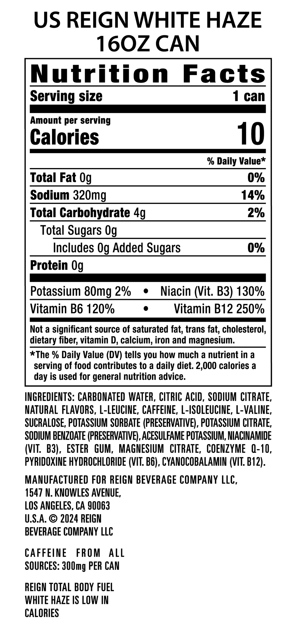 Reign Total Body Fuel, White Haze, Performance Energy Drink, 16 fl oz, 12 Cans