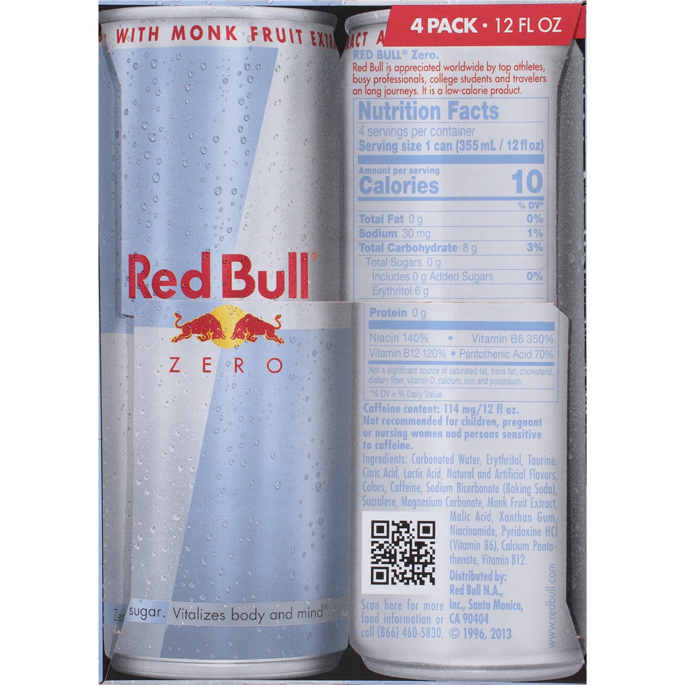 Red Bull Zero Energy Drink, 12 fl. oz., Pack of 4 Cans, 114mg Caffeine, Taurine & B Vitamins