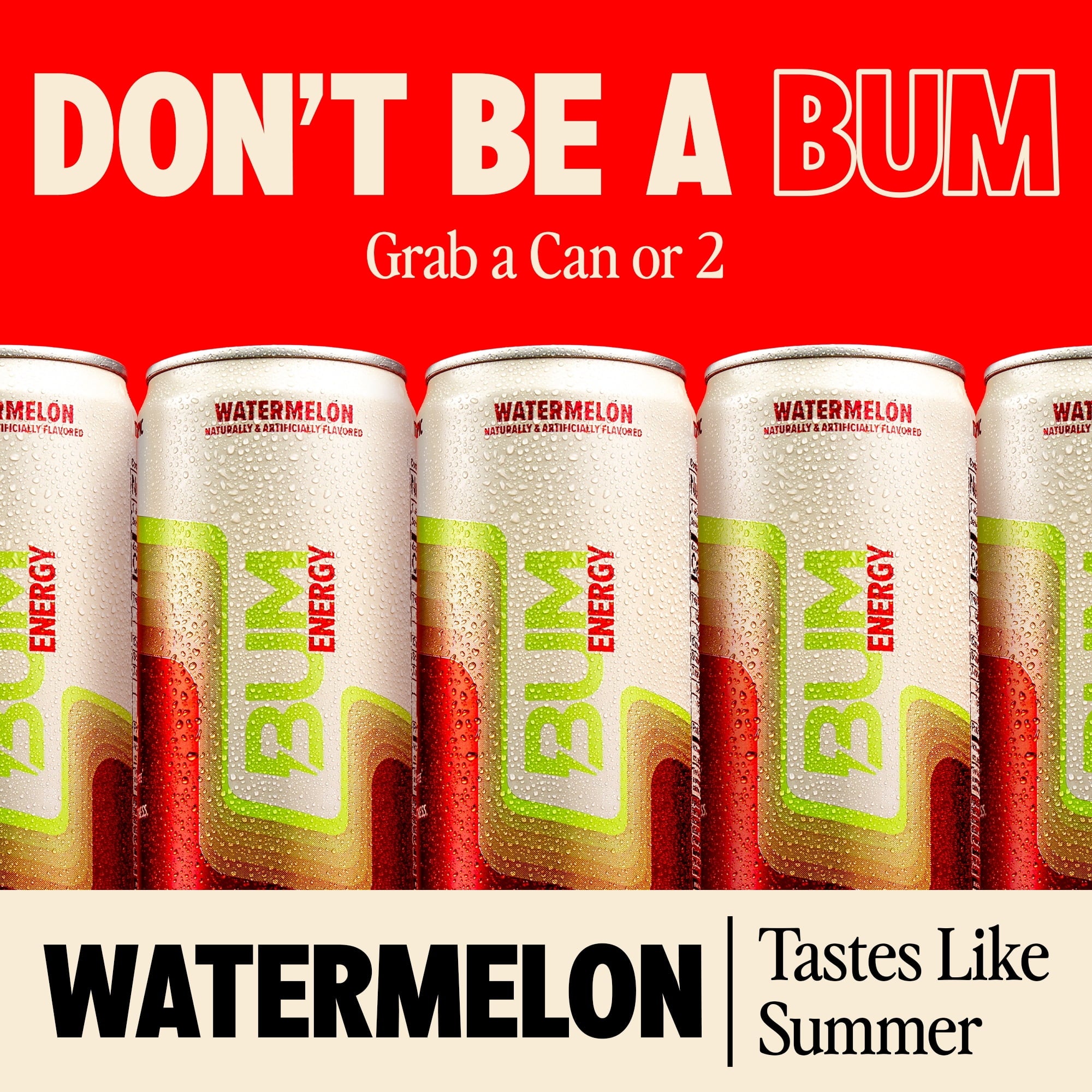 BUM Energy Watermelon Energy Drink, Zero Sugar, 112mg Natural Caffeine, Crash Free Focus, 12 fl oz Can