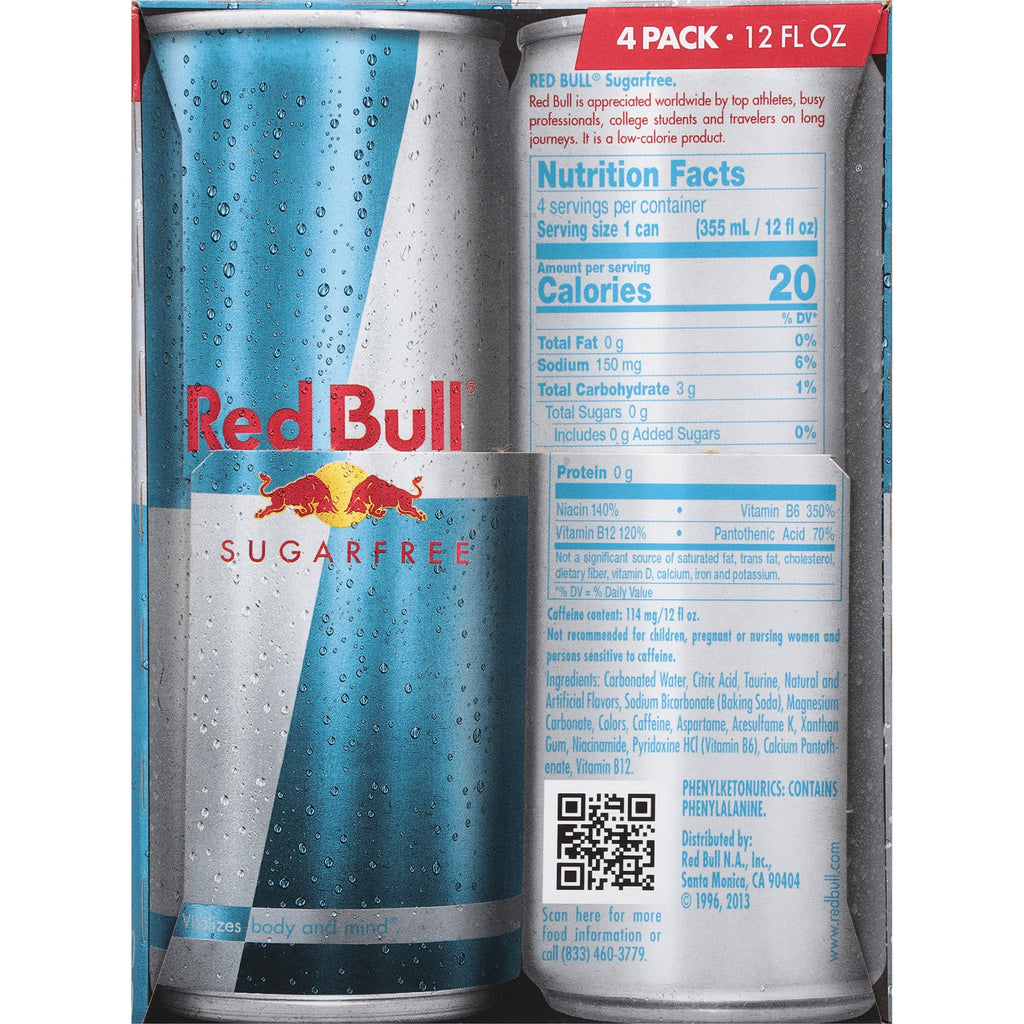 Red Bull Sugarfree Energy Drink, 12 fl. oz., Pack of 4 Cans, 114mg Caffeine, Taurine & B Vitamins