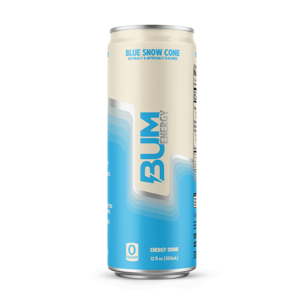 BUM Energy Blue Snow Cone Zero Sugar Energy Drink, 112mg Natural Caffeine, Crash Free Focus, 12 fl oz Cans, 12 Pack