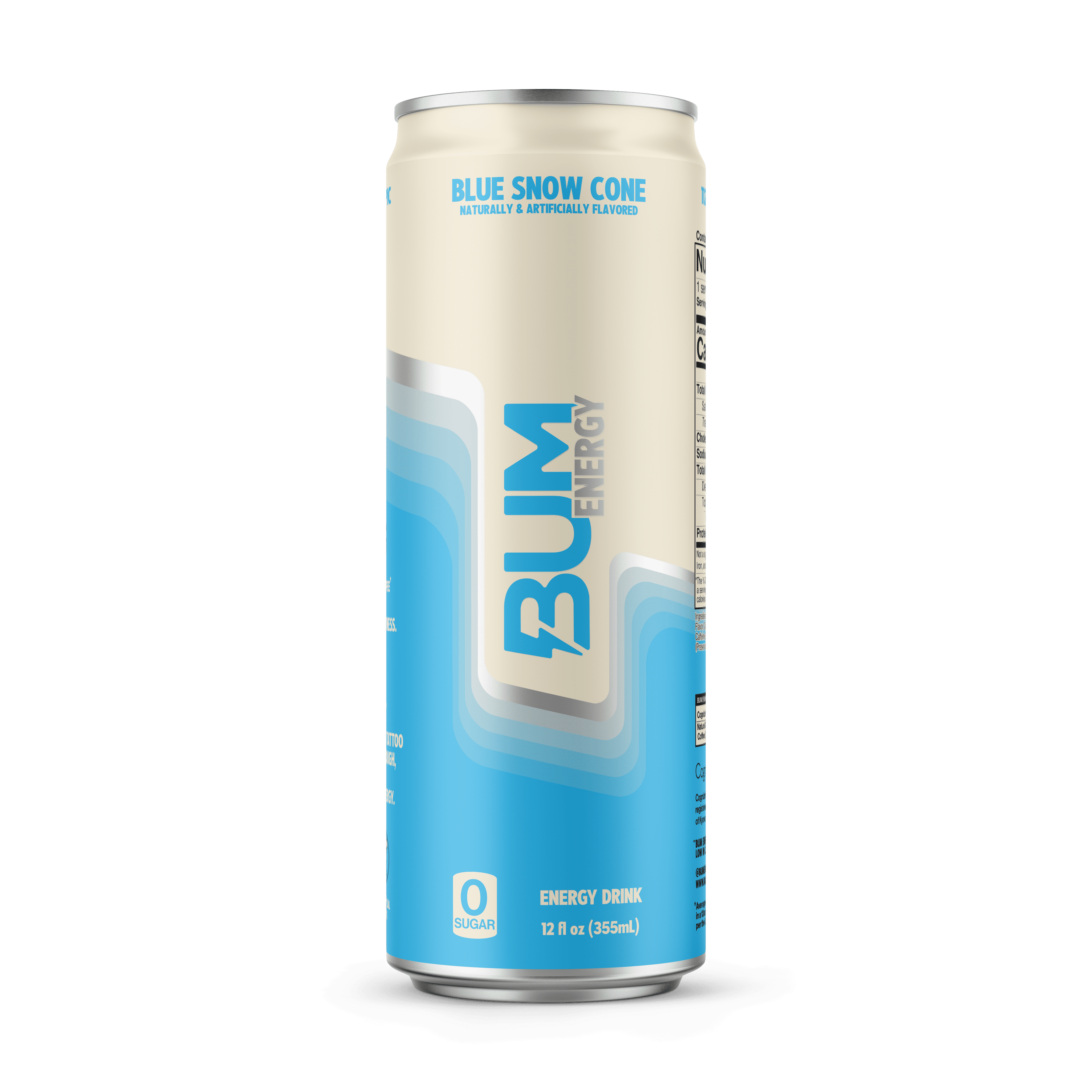 BUM Energy Blue Snow Cone Zero Sugar Energy Drink, 112mg Natural Caffeine, Crash Free Focus, 12 fl oz Cans, 12 Pack
