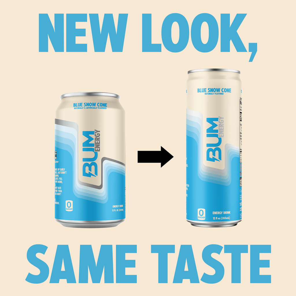 BUM Energy Blue Snow Cone Zero Sugar Energy Drink, 112mg Natural Caffeine, Crash Free Focus, 12 fl oz Cans, 12 Pack