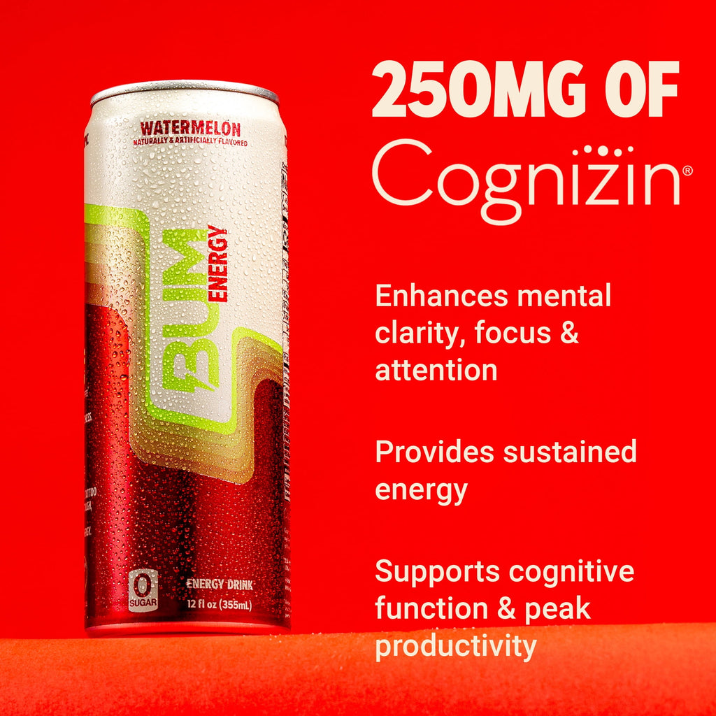 BUM Energy Watermelon Energy Drink, Zero Sugar, 112mg Natural Caffeine, Crash Free Focus, 12 fl oz Can