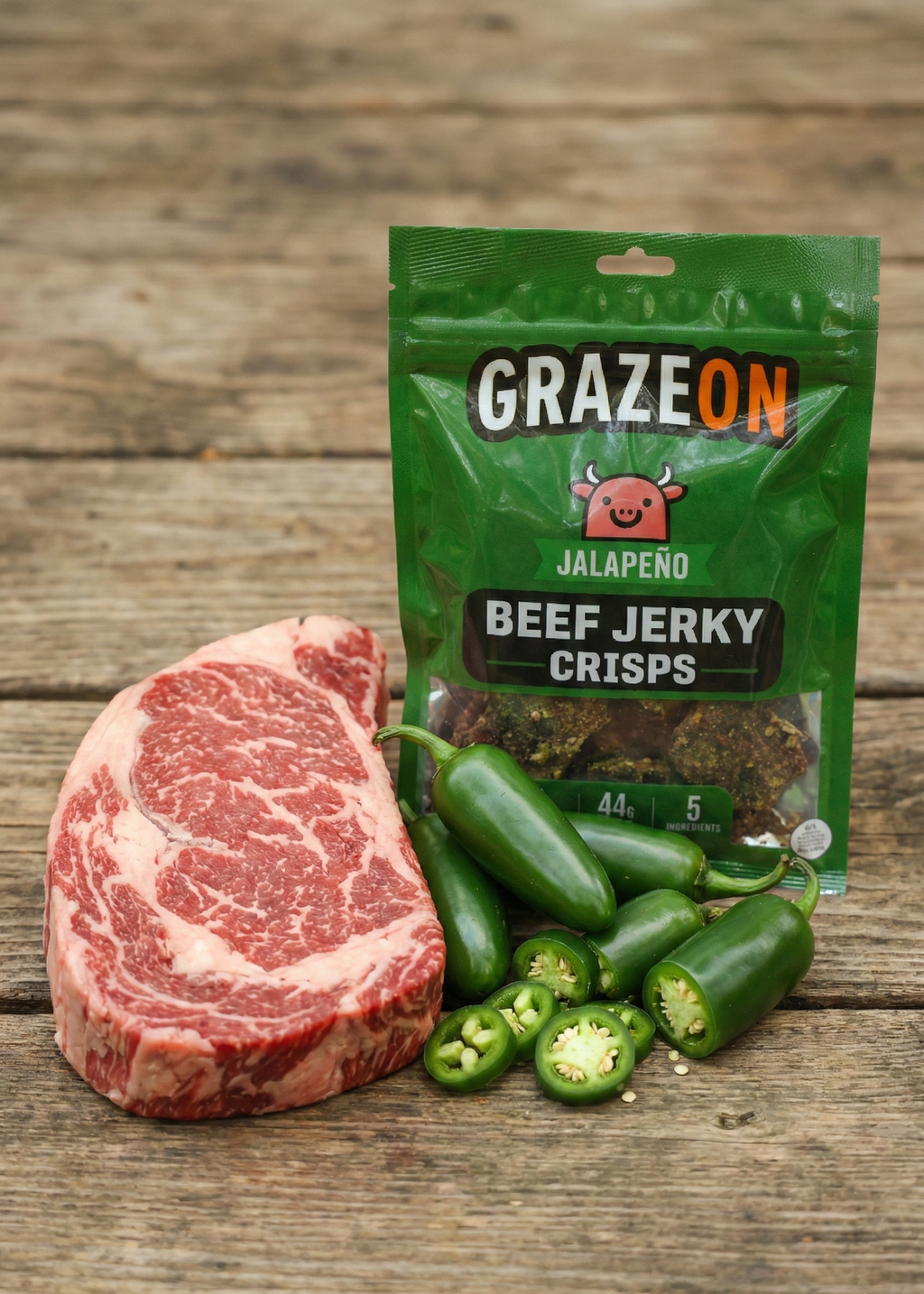 GrazeOn Jalapeño Beef Jerky Crisps- High Protein, No Sugar, Crunchy Air-Dried Meat Snack, All-Natural - 2.0 oz