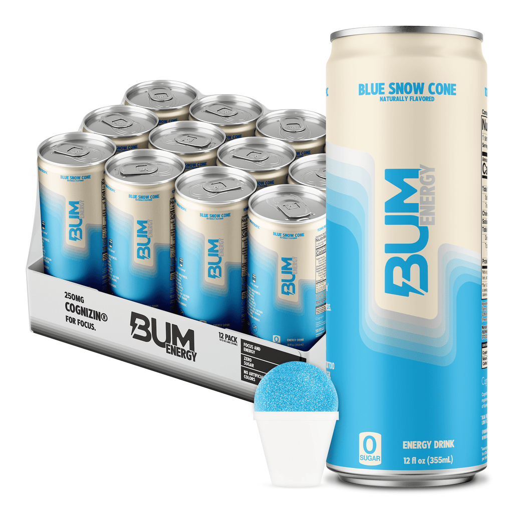 BUM Energy Blue Snow Cone Zero Sugar Energy Drink, 112mg Natural Caffeine, Crash Free Focus, 12 fl oz Cans, 12 Pack