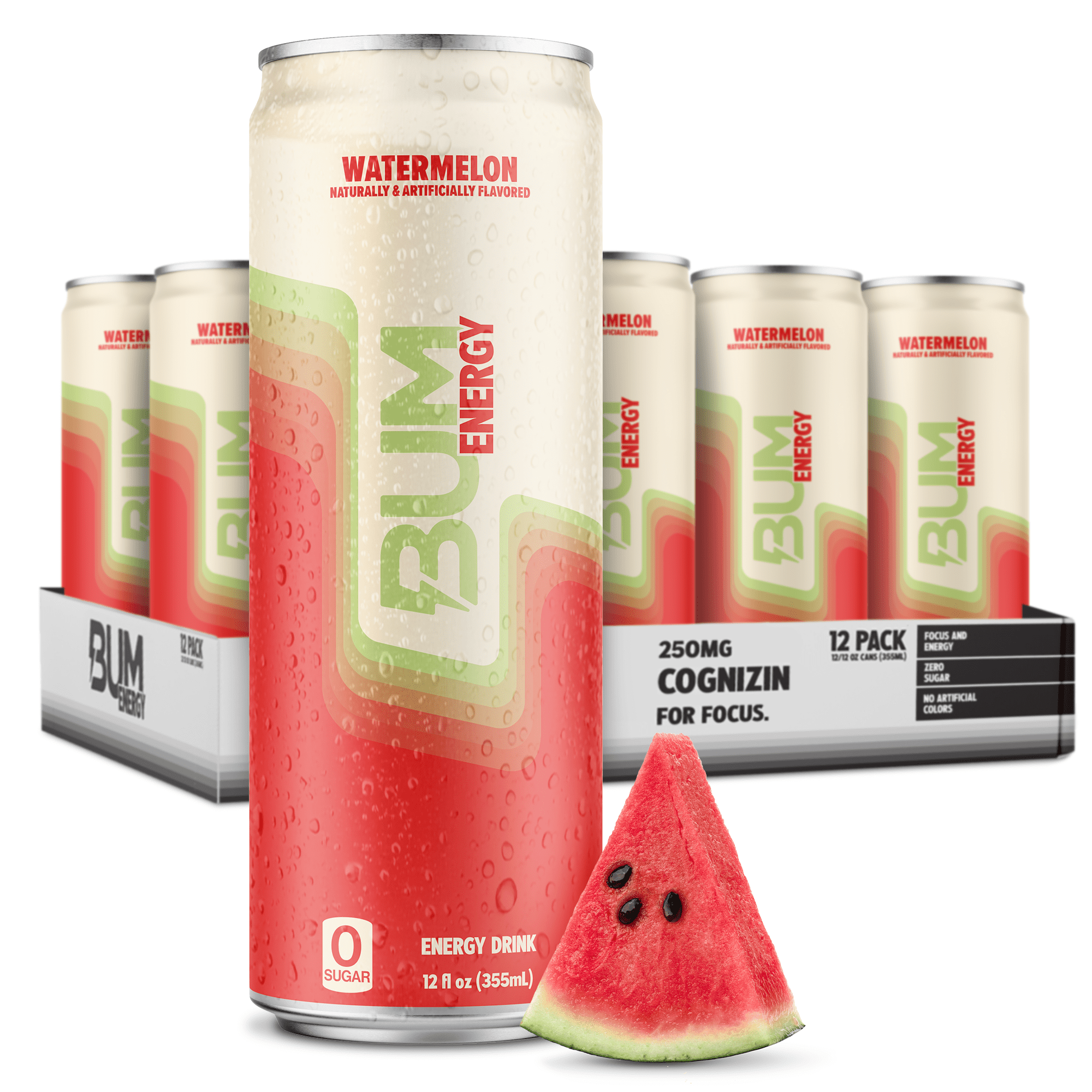 BUM Energy Watermelon Energy Drink, Zero Sugar, 112mg Natural Caffeine, Crash Free Focus, 12 fl oz Can