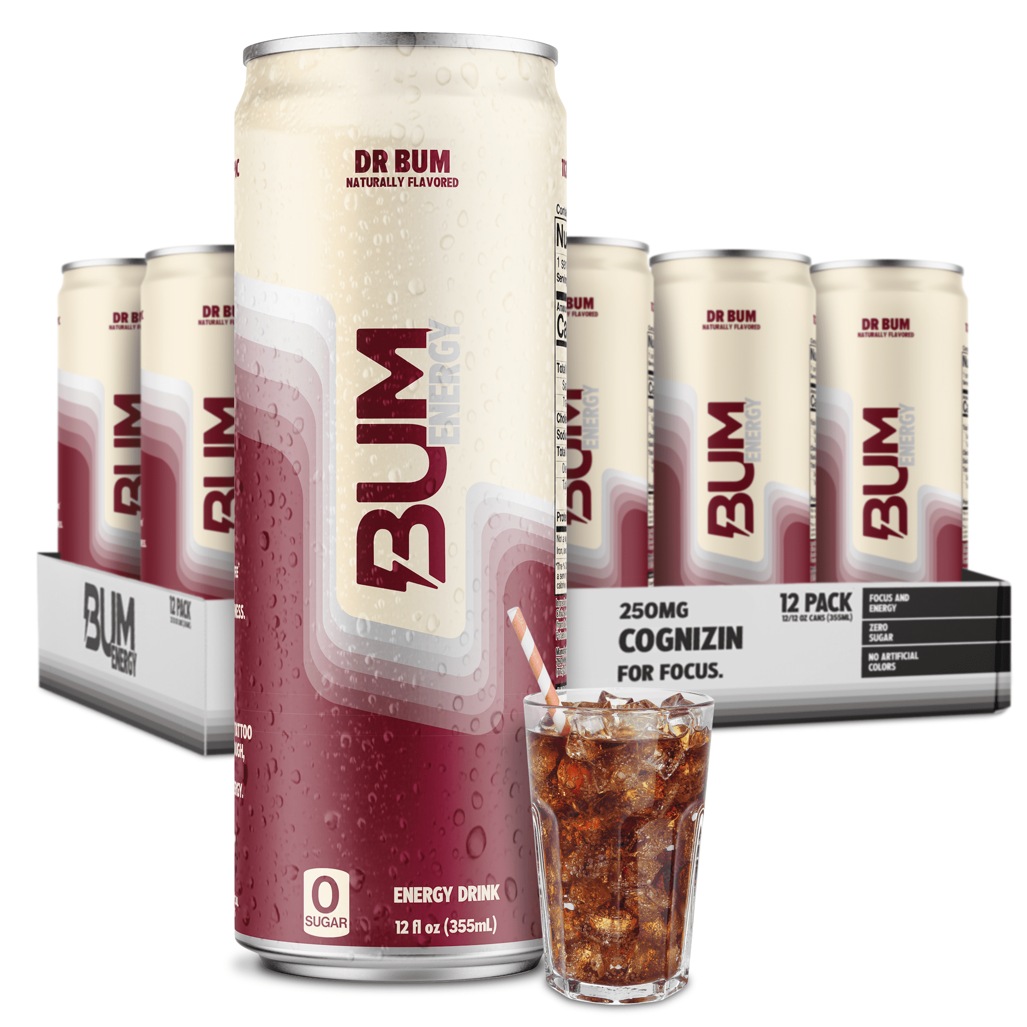 BUM Energy Dr. BUM Energy Drink, Zero Sugar, 112mg Natural Caffeine, Crash Free Focus, 12 fl oz Can