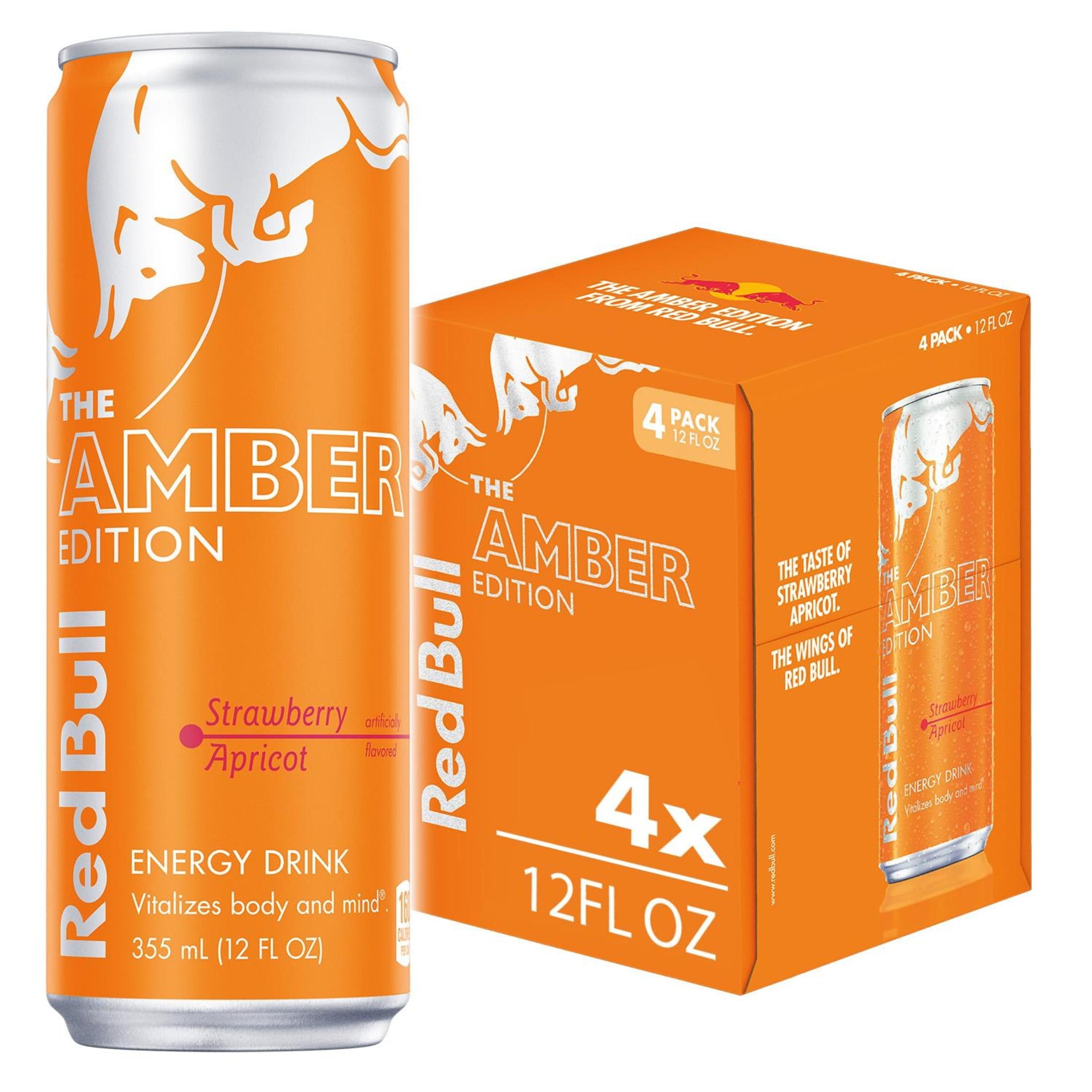 Red Bull Amber Edition Energy Drink, Strawberry Apricot, 114mg Caffeine, 12 fl. oz., Pack of 4 Cans