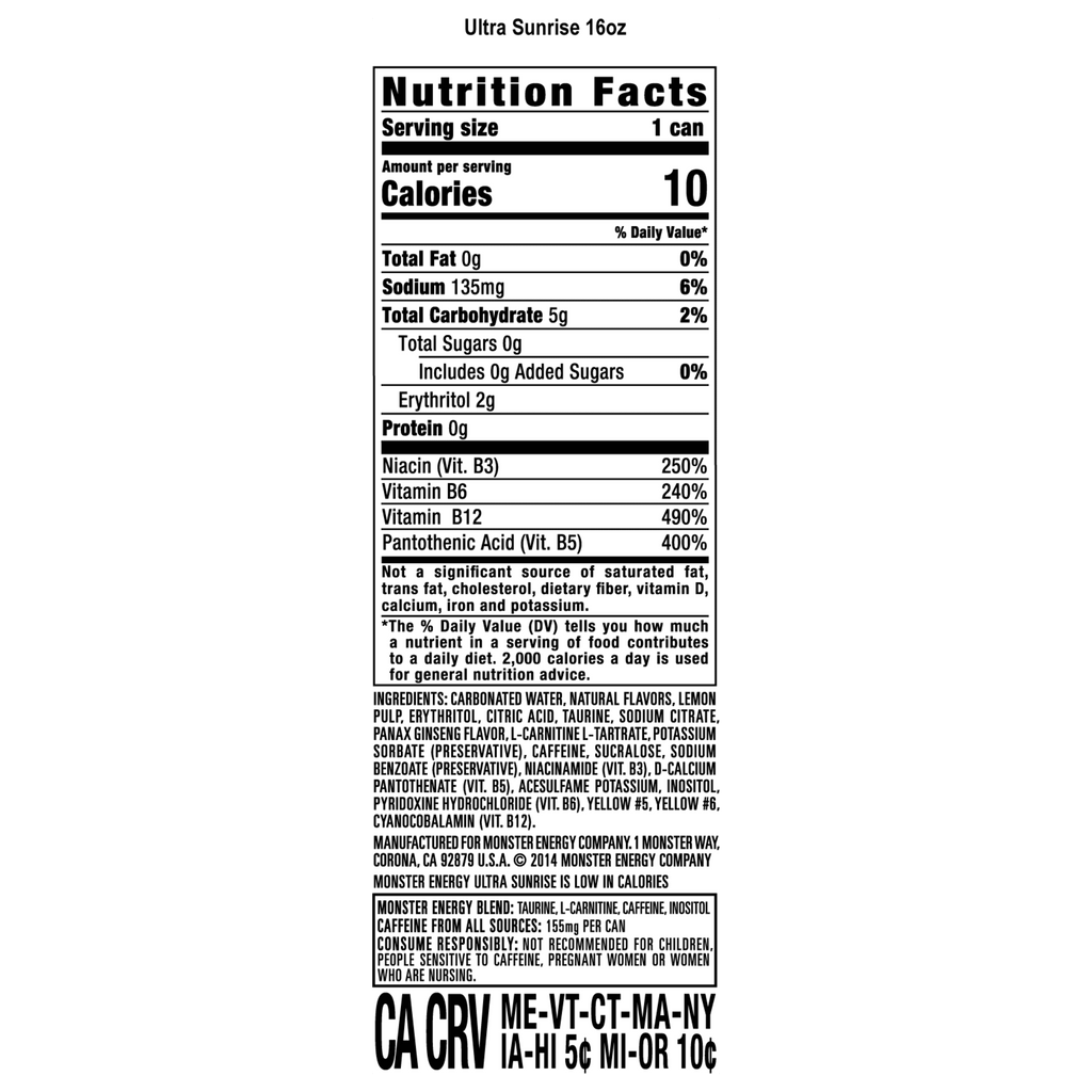 Monster Energy, Ultra Sunrise, Sugar Free Energy Drink, 16 fl oz, Single
