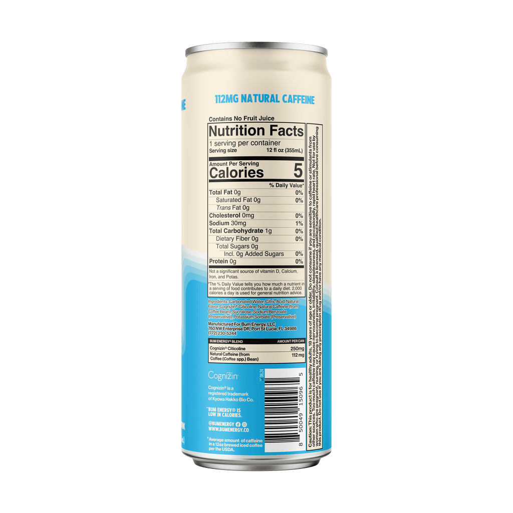 BUM Energy Blue Snow Cone Zero Sugar Energy Drink, 112mg Natural Caffeine, Crash Free Focus, 12 fl oz Cans, 12 Pack