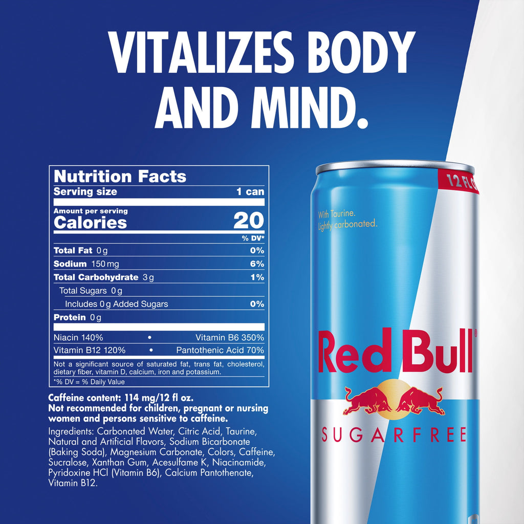 Red Bull Sugarfree Energy Drink, 12 fl. oz., Pack of 4 Cans, 114mg Caffeine, Taurine & B Vitamins