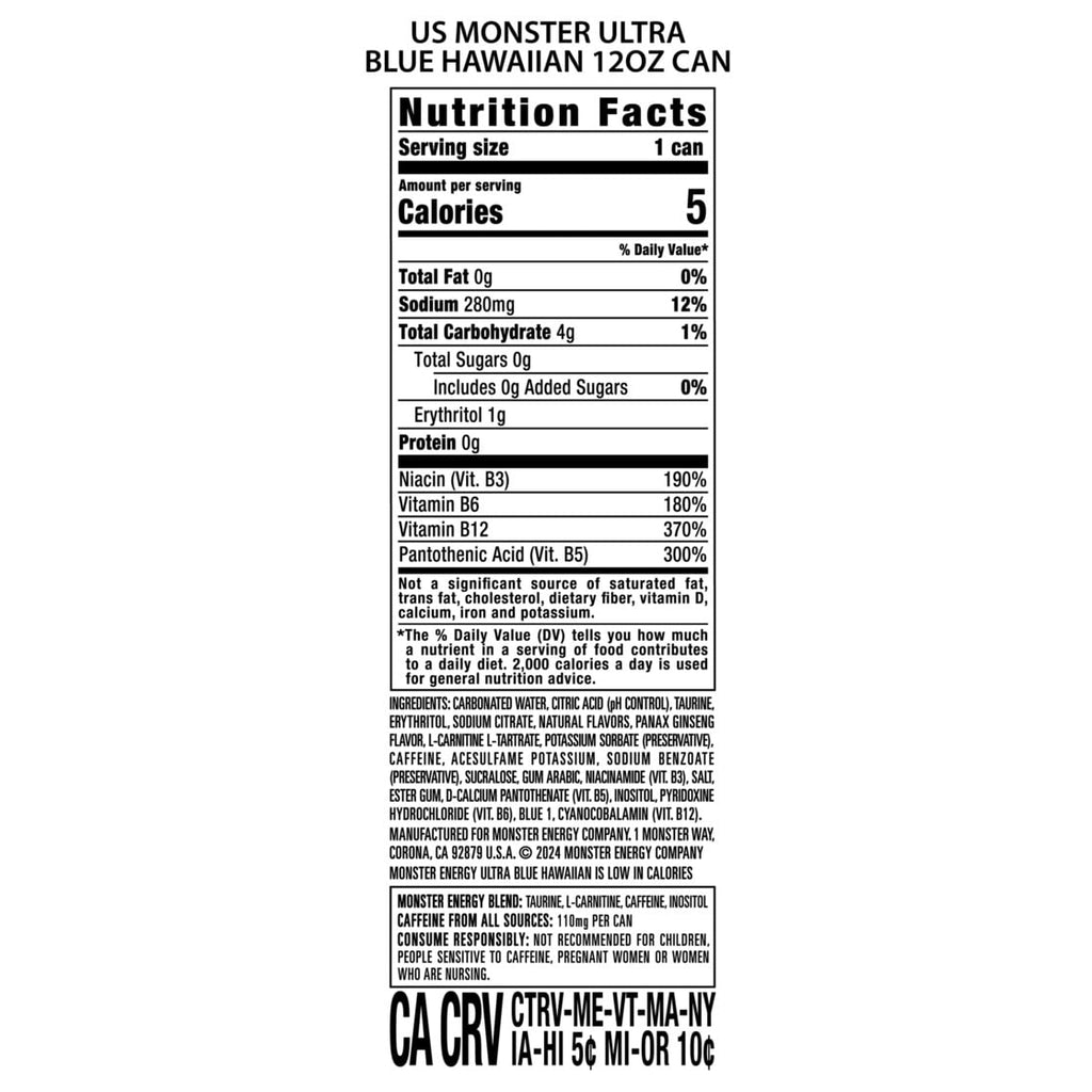 Monster Energy, Ultra Blue Hawaiian, Sugar Free Energy Drink, 12 fl oz, Can