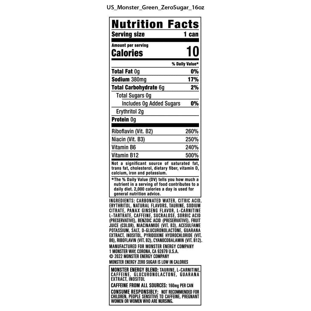Monster Energy Zero Sugar, Sugar Free Energy Drink, 12 Pack - 16 Fl Oz