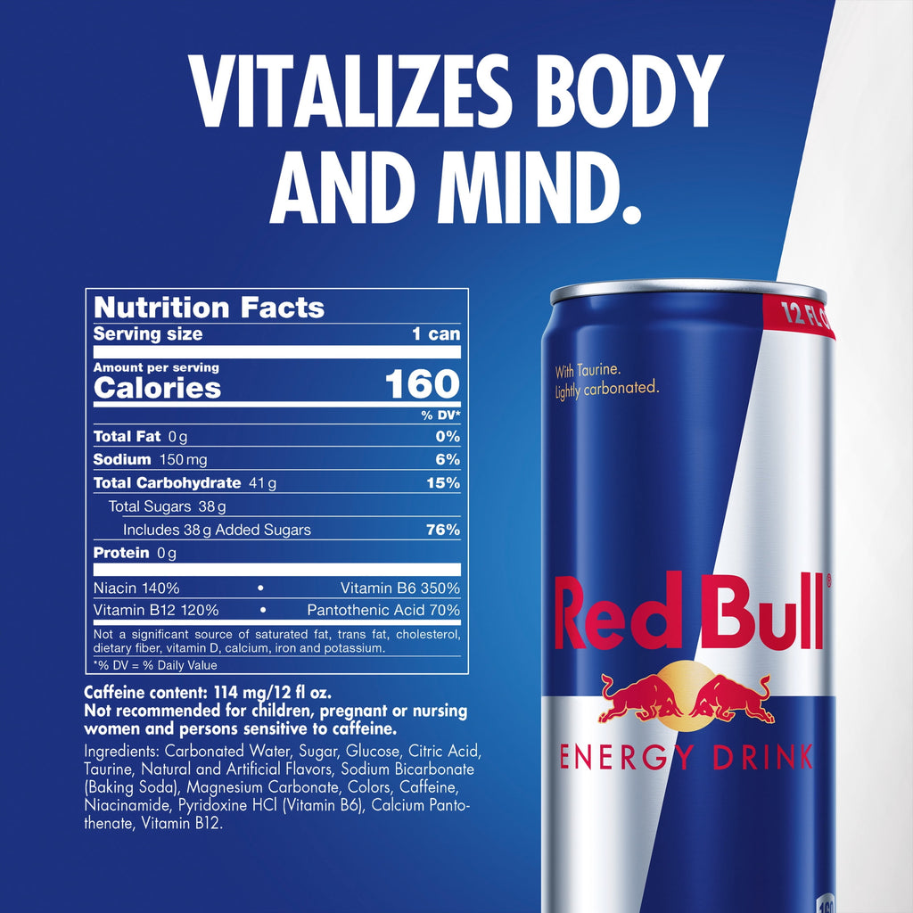 Red Bull Energy Drink, 114mg Caffeine, 12 fl. oz., Pack of 4 Cans