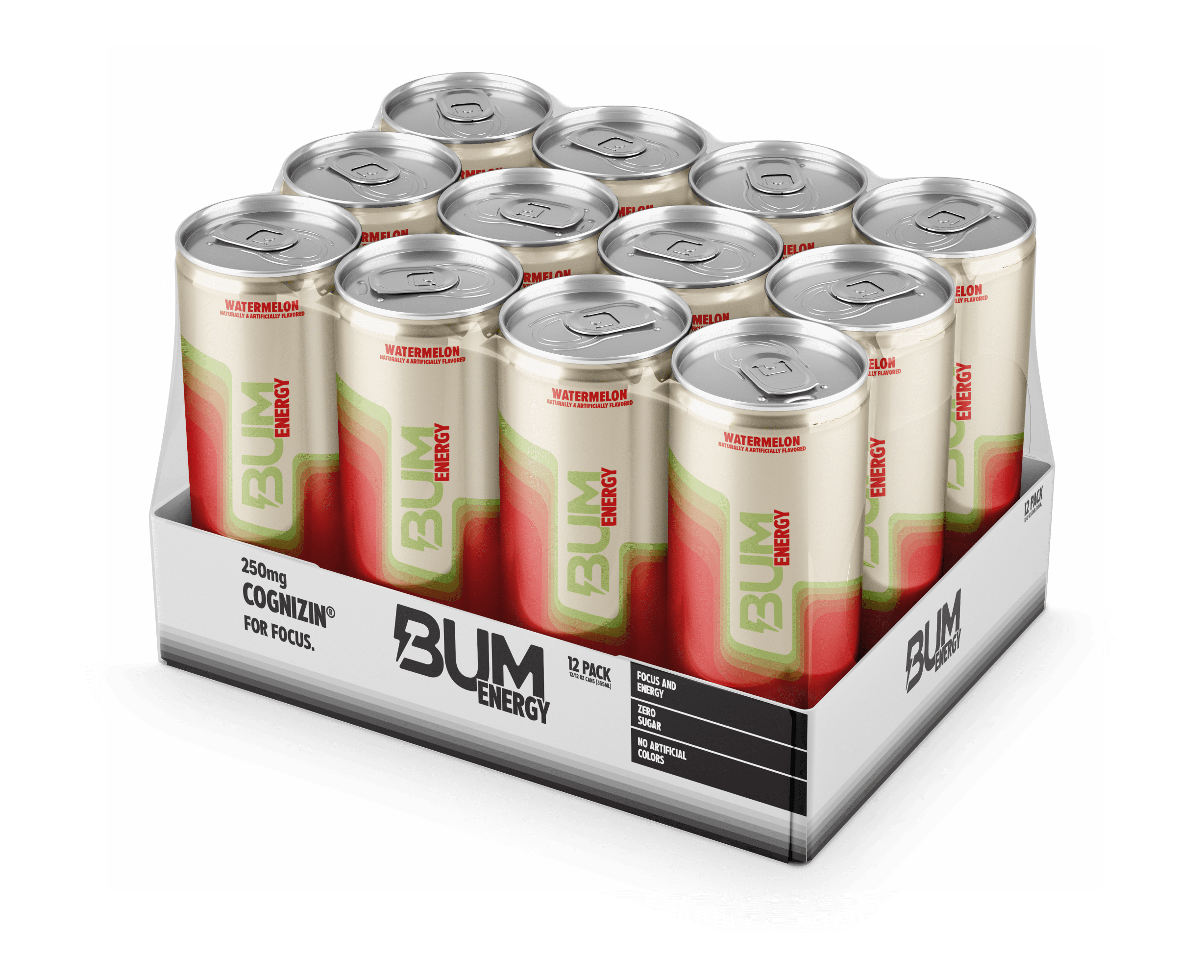 BUM Energy Watermelon Energy Drink, Zero Sugar, 112mg Natural Caffeine, Crash Free Focus, 12 fl oz Can