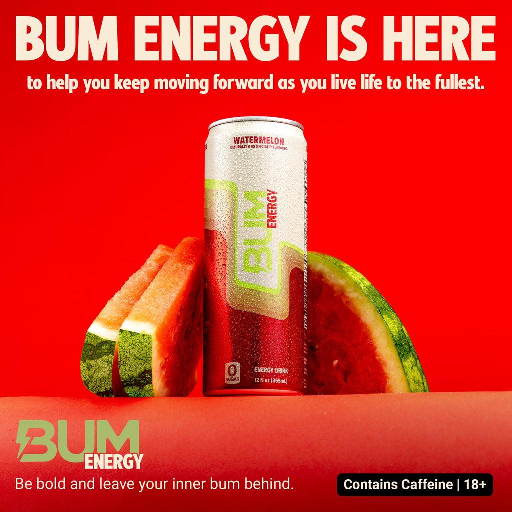 BUM Energy Watermelon Energy Drink, Zero Sugar, 112mg Natural Caffeine, Crash Free Focus, 12 fl oz Can