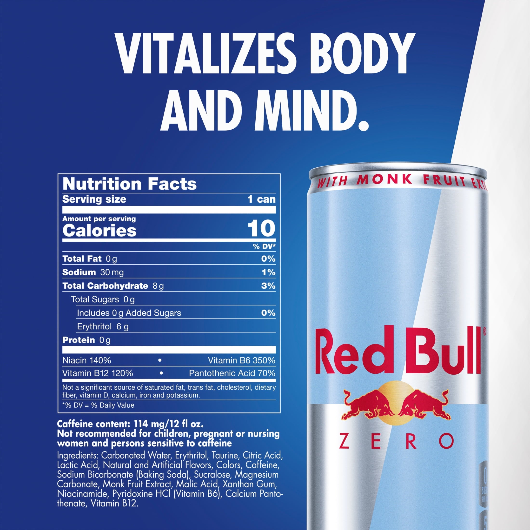 Red Bull Zero Energy Drink, 12 fl. oz., Pack of 4 Cans, 114mg Caffeine, Taurine & B Vitamins