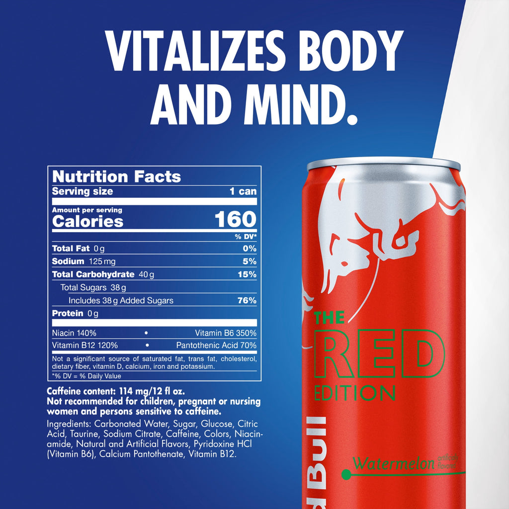 Red Bull Red Edition Energy Drink, Watermelon, 12 fl. oz., Pack of 4 Cans