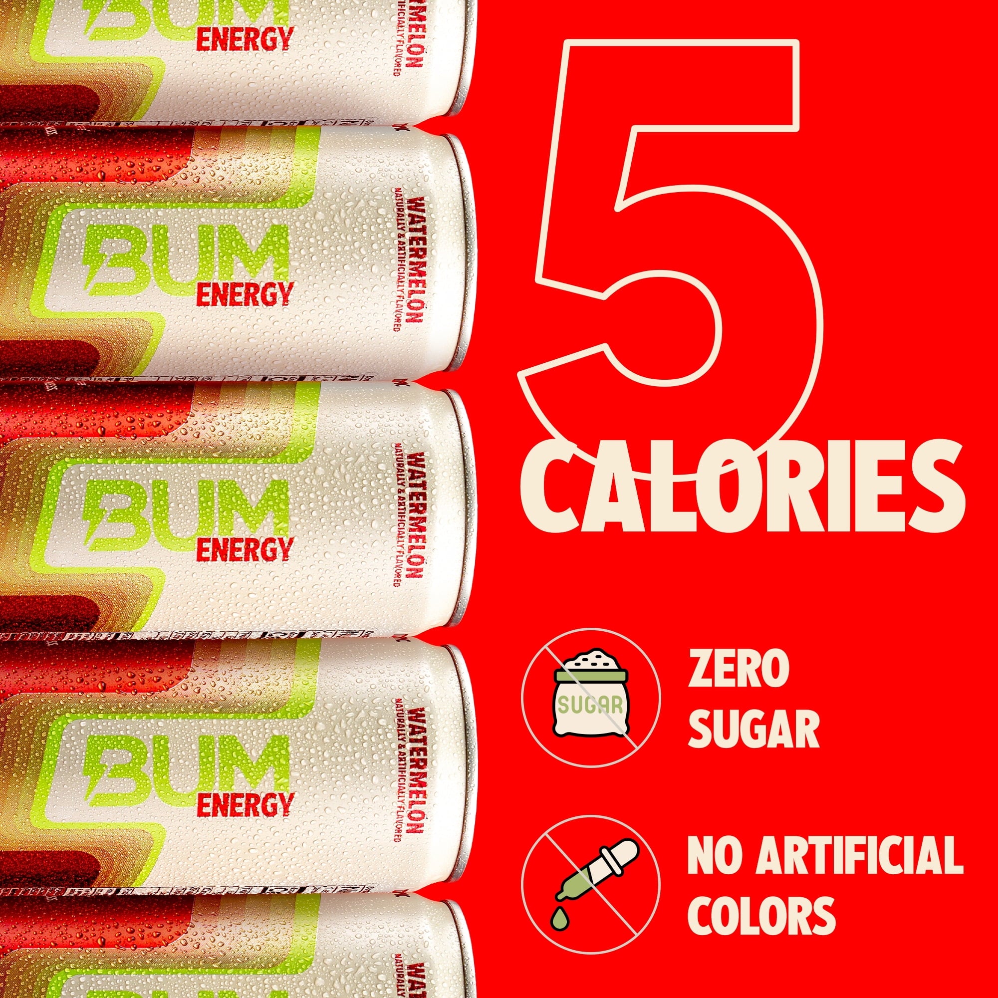 BUM Energy Watermelon Energy Drink, Zero Sugar, 112mg Natural Caffeine, Crash Free Focus, 12 fl oz Can