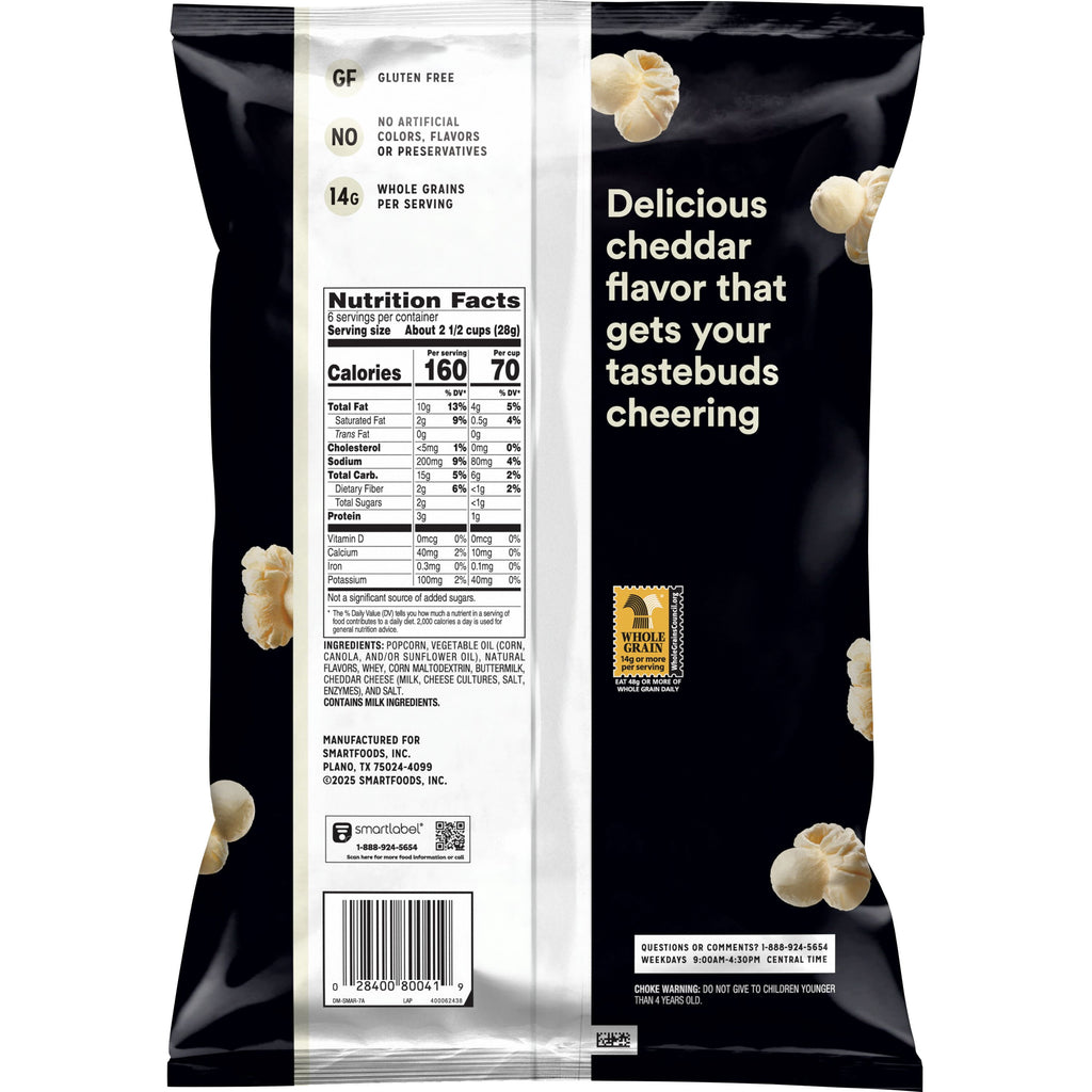 Smartfood Gluten Free, No Artificial Colors White Cheddar Popcorn Bag, 6 oz