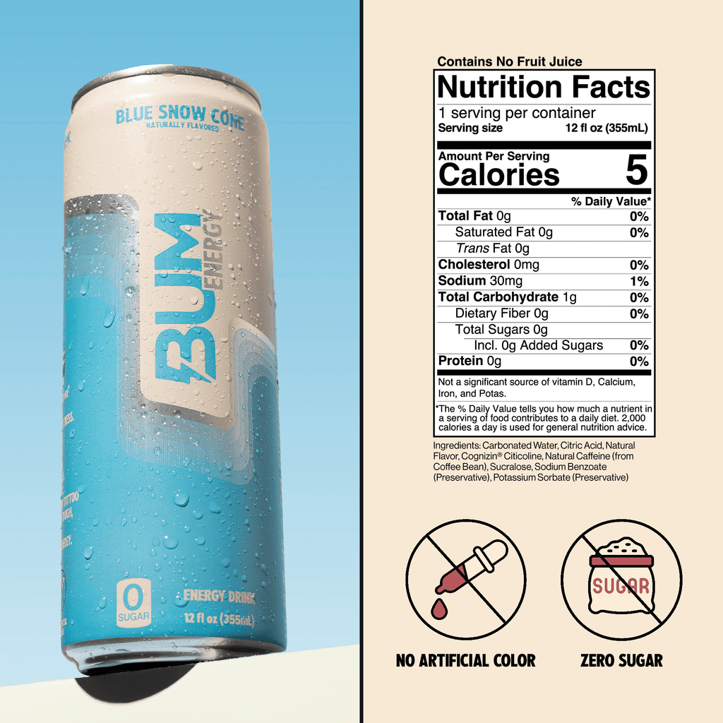 BUM Energy Blue Snow Cone Zero Sugar Energy Drink, 112mg Natural Caffeine, Crash Free Focus, 12 fl oz Cans, 12 Pack