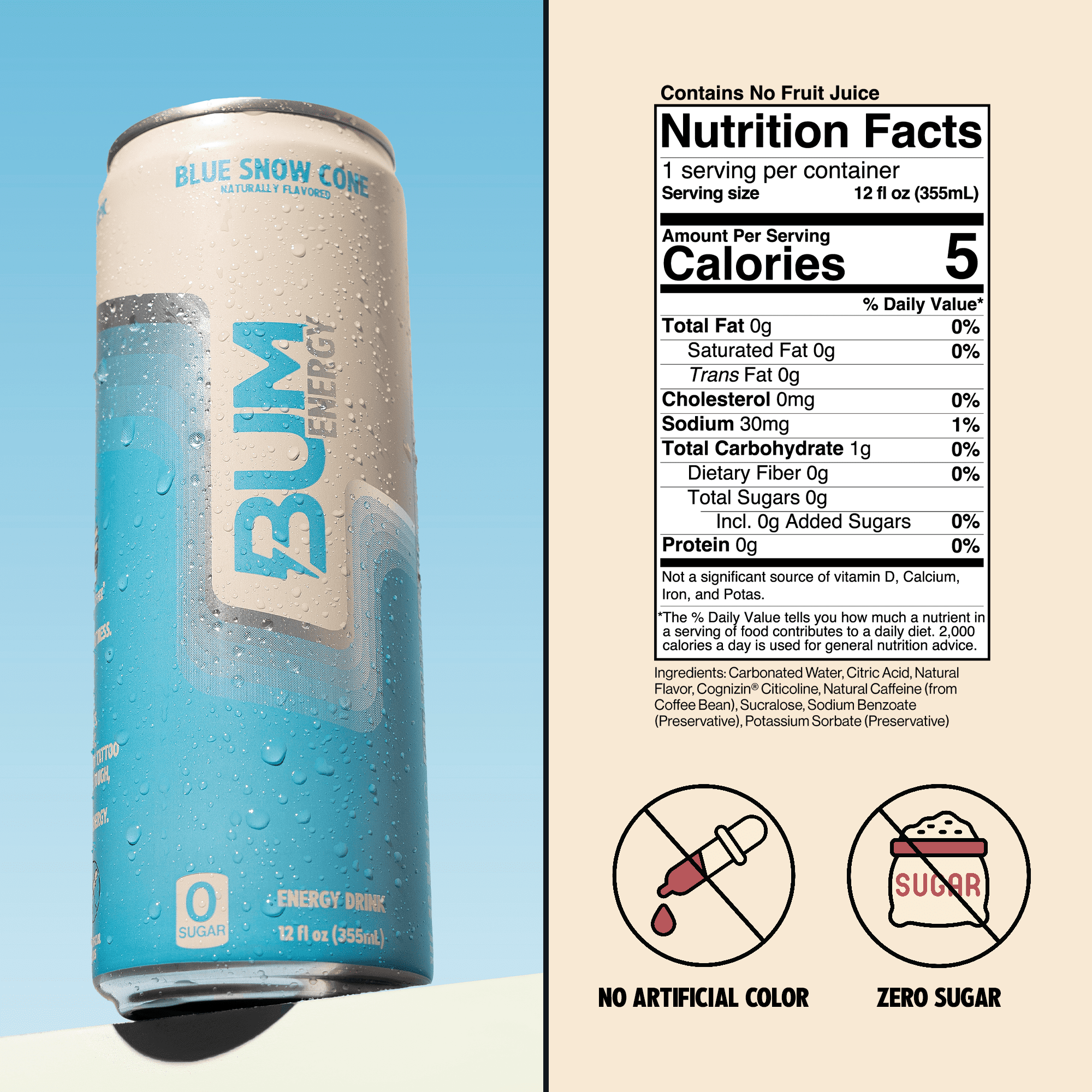 BUM Energy Blue Snow Cone Zero Sugar Energy Drink, 112mg Natural Caffeine, Crash Free Focus, 12 fl oz Cans, 12 Pack
