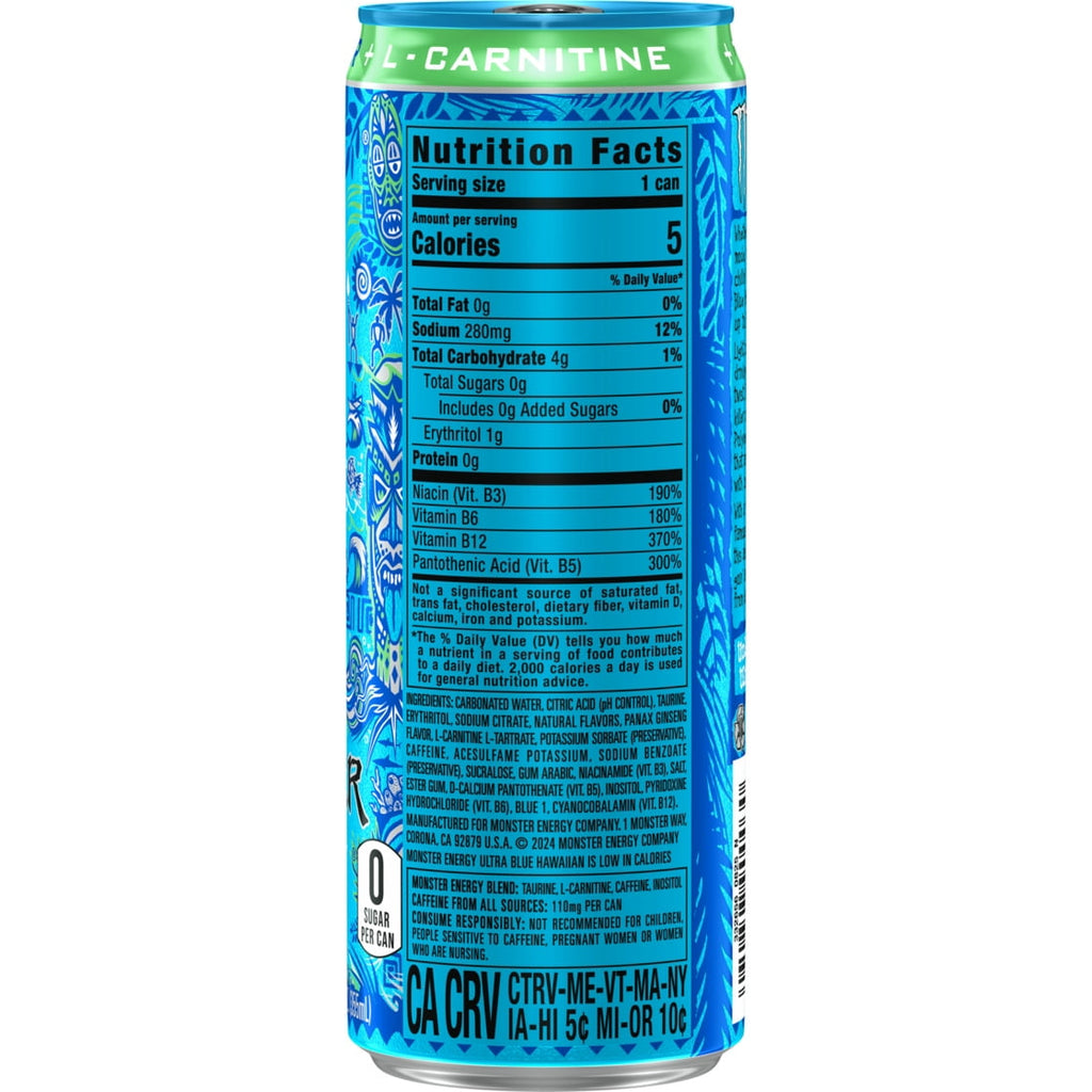 Monster Energy, Ultra Blue Hawaiian, Sugar Free Energy Drink, 12 fl oz, Can